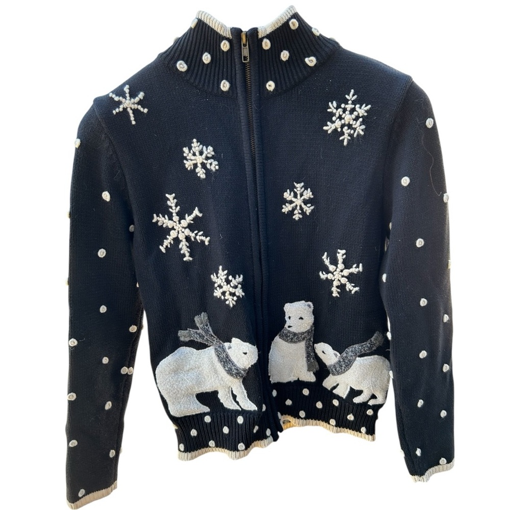 Polar Bear Cardigan Sweater 90s Y2K - Women’s XS/S, 100% Cotton, Zip-Up